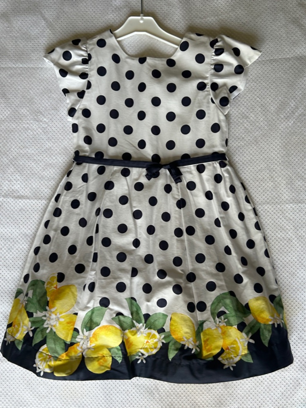 Mayoral White Dress with Black Polka Dots and Yellow Floral Hem. Exquisite! NWT